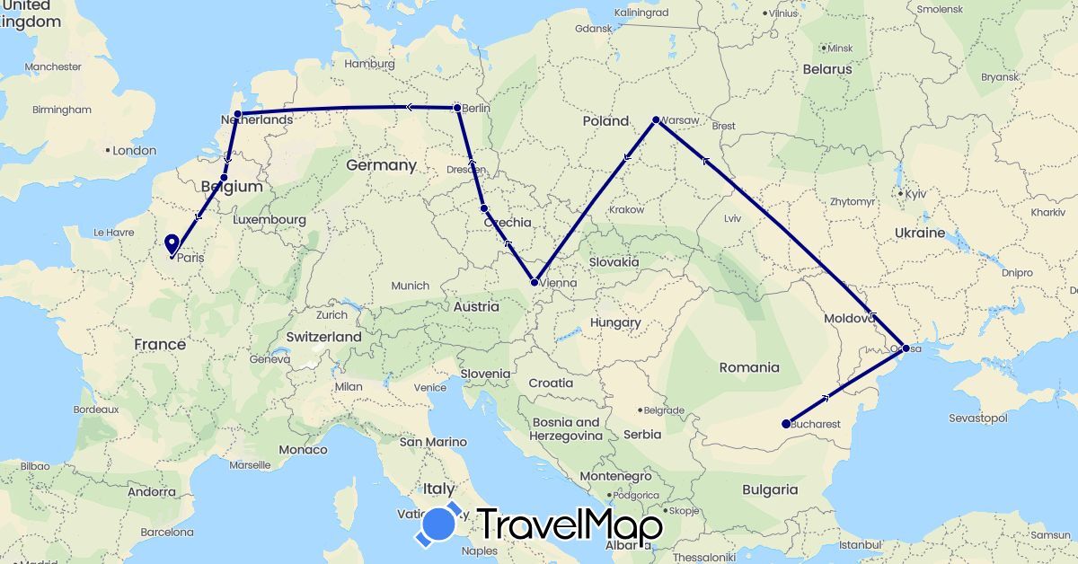 TravelMap itinerary: driving in Austria, Belgium, Czech Republic, Germany, France, Netherlands, Poland, Romania, Ukraine (Europe)